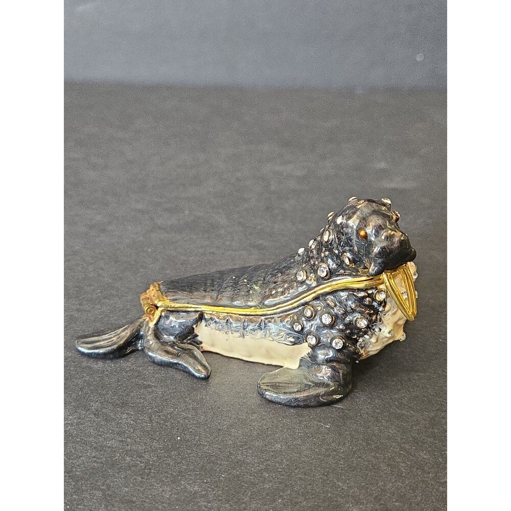 Miniature Walrus Enameled Trinket Box Magnetic Closer Rhinestone